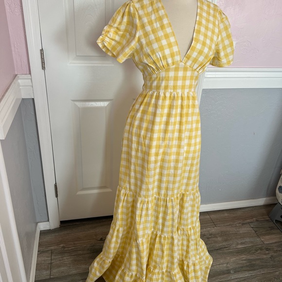 NYC V-NECK TIERED PUFF SLEEVE MAXI DRESS IN MUSTARD CHECK L - Picture 3 of 10